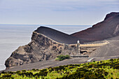 Lighthouse at beach with volcano Vulcao dos Capelinhos, Farol dos Capelinhos, Ponta dos Capelinhos, volcano Pico, Island of Faial, Azores, Portugal, Europe, Atlantic Ocean