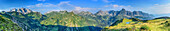 Panorama with view to Drei Tuerme, Drusenfluh, Kirchlispitzen, Schesaplana, Saulakopf, Zimba and Steintaelikopf, from Kreuzjoch, Raetikon, Vorarlberg, Austria