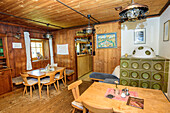 Lounge of hut Pforzheimer Huette, hut Pforzheimer Huette, Sellrain, Stubai Alps, Tyrol, Austria