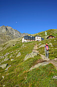 Frau beim Wandern steigt zum Westfalenhaus auf, Hoher Seeblaskogel im Hintergrund, Westfalenhaus, Sellrain, Stubaier Alpen, Tirol, Österreich