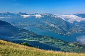 View to Lac d'Annecy, Pointe d'Arcalod, Mont Trelod, Mont Colombier and Roc des Boeufs de Sud in background, La Tournette, Haute-Savoie, France