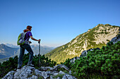 Woman hiking looking towards Zennokopf, Hochstaufen, Chiemgau Alps, Upper Bavaria, Bavaria, Germany