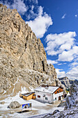 Hut Demetzhuette in Langkofelscharte, Langkofel group, Dolomites, UNESCO World Heritage Dolomites, Trentino, Italy