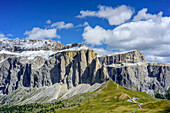 View towards Sellajoch with Sella range and Pordoispitze, Dolomites, UNESCO World Heritage Dolomites, Trentino, Italy