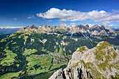 View towards valley of Fassa and Rosengarten range with Sas Aut in foreground, Vallaccia range, Marmolada, Dolomites, UNESCO World Heritage Dolomites, Trentino, Italy