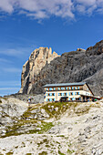 Hut Rifugio Rosetta with Cimon della Pala in background, Pala range, Dolomites, UNESCO World Heritage Dolomites, Trentino, Italy