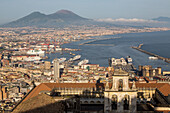 View above Naples from Castel Sant'Elmo, panorama, harbour, Vesuvius, church Certosa di san Martino, Campania, Naples, Napoli, Bay of Naples, Tyrrhenian Sea, Italy