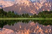 Luttensee with reflection, view to Karwendel, near Mittenwald, Werdenfels region, Bavaria, Germany