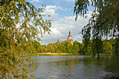 Blick über den Knieperteich zur Marienkirche, Stralsund, Ostsee, Mecklenburg-Vorpommern, Deutschland