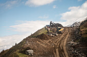 Constructions with heavy load machinery around Hintertux Glacier, Zillertal, Tyrol, Austria, Alps