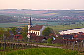 View at Wipfeld with church and Stammheim and river Main, Spring, Unterfranken, Bavaria, Germany, Europe