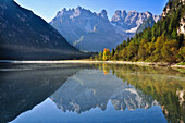 Monte Cristallo reflecting in lake Duerrensee, Autumn, Hoehlensteintal, South Tyrol, Italy