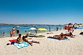People sunbathing on the beach, Armona island, Olhao, Algarve, Portugal