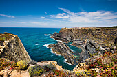 Steep rocky cliffs, Cabo Sardao, Costa Vicentina, Alentejo, Portugal