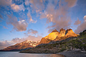 The Cuernos de Paine and Lago Nordenskjöld at sunrise in Chile's Torres del Paine National Park.