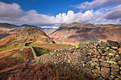 Drystone wall near the Langdale Valley in autumn in the Lake District National Park, Cumbria, England, United Kingdom, Europe