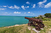 A cannon dating from the 17th century stands guard at Fort James one of the most important historical monuments of Antigua, Leeward Islands, West Indies, Caribbean, Central America