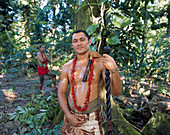 Samoan in traditional dress with staff, Upolu Island, Samoa