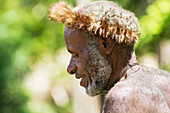 Dani man wearing an elaborate headdress of bird of paradise or cassowary feathers, Obia Village, Baliem Valley, Central Highlands of Western New Guinea, Papua, Indonesia
