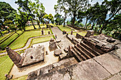 View from the top of the central pyramid of the 15th-century Javanese-Hindu temple, Candi Sukuh, Central Java, Indonesia