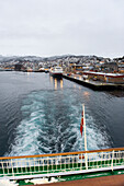Leaving the harbour of Harstad onboard the Hurtigruten ship MS Nordlys, the largest town on the Vesteralen Islands, Norway