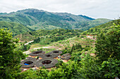 'Landscape of Tulou buildings in a village from Hakka minority group were built eight centuries ago; Yongding, Fujian province, China'