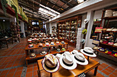 Panama hats for sale in the showroom of the Barranco Panama Hat Factory, Cuenca, Azuay, Ecuador