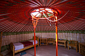 Interior of a Mongolian Ger (yurt) tourist accommodation at the Gobi Discovery 2 Ger Camp, Gobi Gurvansaikhan National Park, Ömnögovi Province, Mongolia
