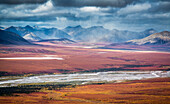 Rain and snow squalls pass in front of the mountains and autumn tundra of the Kelly River valley in the western Brooks Range of the Noatak National Preserve, Alaska, USA.