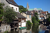 the eure river in the lower town with the notre-dame cathedral, chartres, eure-et-loir (28), france