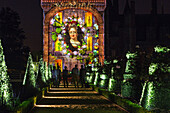 illumination of the french-style gardens by andre le notre and the sound and light show 'madame de maintenon ou l'ombre du soleil' evoking the story of the secret wife of king louis xiv, scenography by xavier de richemond, chateau de maintenon, eure-et-lo