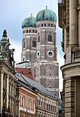 Towers of the church of our Lady from Faulhaber street, Munich, Bavaria, Germany