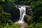 Waterfall flowing over rocky river in jungle, Ubud, Bali, Indonesia