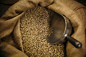 Close up of sack of raw coffee beans