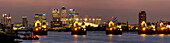 Thames Flood Barrier with Docklands and Canary Wharf panorama from Woolwich, London, England, United Kingdom, Europe