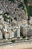 Copacabana Beach, neighbourhood and the Morro da Humaita favela behind, Rio de Janeiro, Brazil, South America