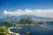 View of Rio, the Serra da Carioca mountains and Sugar Loaf with Charitas and Sao Francisco beaches in Niteroi in the foreground, Rio de Janeiro, Brazil, South America
