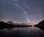 Starry sky over Mont Blanc range seen from Lac des Cheserys, Haute Savoie. French Alps, France, Europe