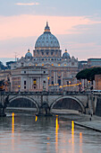 St. Peter's Basilica, the River Tiber and Ponte Sant'Angelo at dusk, Rome, Lazio, Italy, Europe