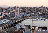 View over Istanbul skyline from The Galata Tower at sunset, Beyoglu, Istanbul, Turkey, Europe