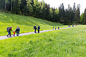 Family hiking to a climbing area, Saxony Switzerland, Elbe sandstone mountains, Dresden, Saxony, Germany, Europe