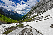 snow beneath the north face of Mount Triglav, highest peak in Slovenia, Vrata Valley, Triglav National Park, Julian Alps, Slovenia, Europe