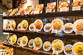 Artificial food, display of food of a restaurant, noodles with shrimps, croissant, dishes, Chinese cuisine, Shanghai, China, Asia