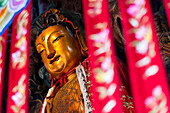Buddhastature, Gesicht, Portrait, gold, rot, Buddha, Jadebuddha-Tempel, Yufo Kloster, buddhistischer Tempel, Putuo District, Straßenszene, Schanghai, Shanghai, China, Asien