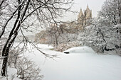 The lake frozen over and snow-covered, Central Park, New York City, New York, United States of America