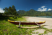 Outrigger canoe on Hanalei Beach, Hanalei, Kauai, Hawaii, United States of America