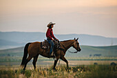 Caucasian cowgirl riding horse in rural field