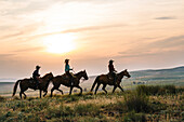 Cowgirls riding horses in rural field