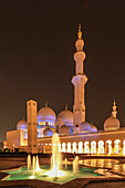 Ornate domed building and spires with fountain, Abu Dhabi, Abu Dhabi Emirate, United Arab Emirates