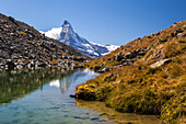 The Matterhorn at dawn seen from Stellisee, Zermatt, Canton of Valais, Pennine Alps, Swiss Alps, Switzerland, Europe